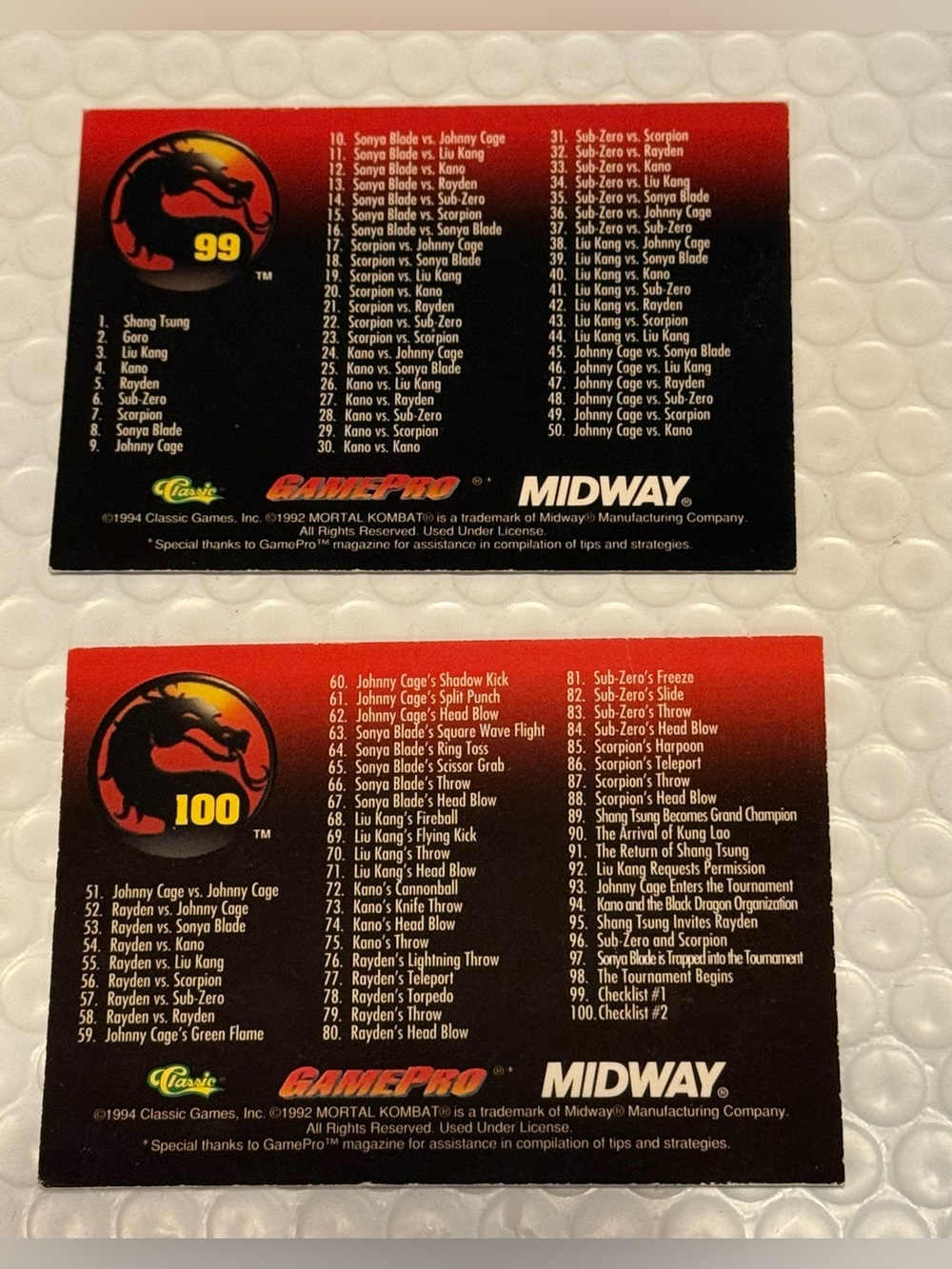 1994 Classic Games Mortal Kombat Series 1 Complete 100 Card Base Set w/7 LE card - Picture 3 of 11